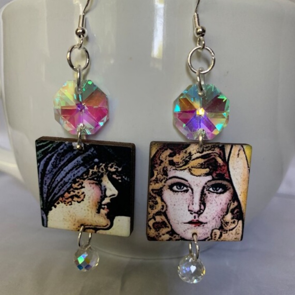 Vintage Glamour Girl & Crystal Dangle Earrings, style 5
